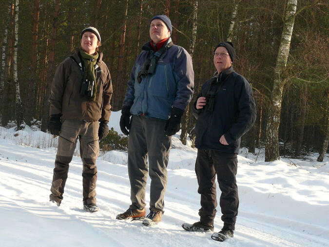 Patrik, Johan och jag själv lyssnar efter korsnäbbar i Vombs fure.