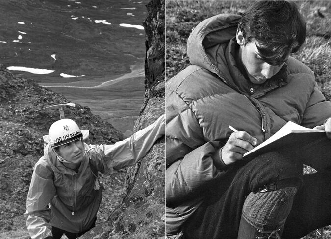 1967 blev det det en intensiv klättersommar i Sarek. Till vänster: bestigning av Bierikbakte. Till höger: Claes skriver dagbok på Bielavallda. Foto: Lars Jonsson Två svartvita bilder på Claes Grundsten som bestiger berg och skriver dagbok i Sarek 1967.